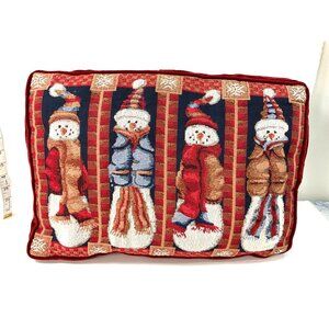 Snowman Tapestry Lumbar Pillow With Red Velvet Back 64b
